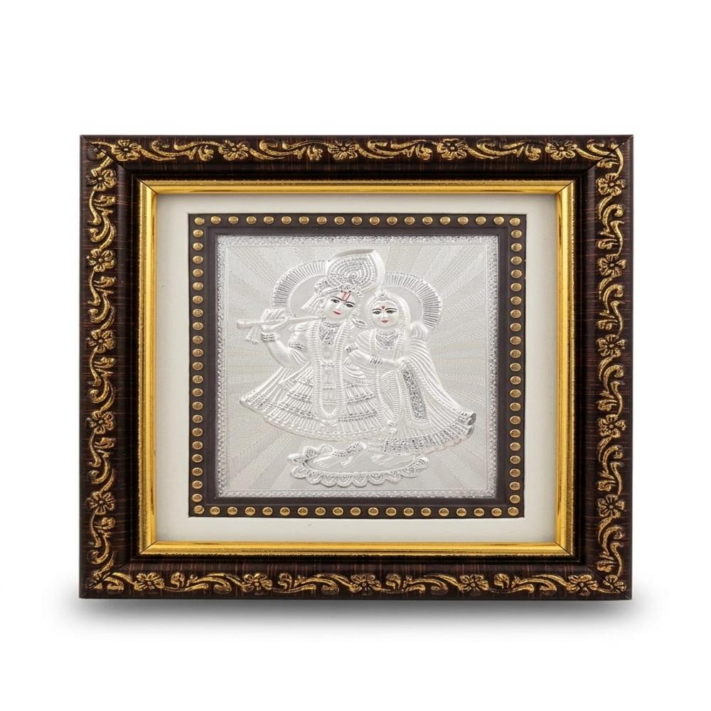 Silver Radha Krishna Frame - 92.5% Sterling Silver, 25x25 Cm, Anti-tarnish Coated | Handcrafted Floral Border, Tabletop & Wall Mount