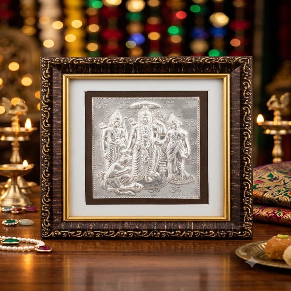 Silver Ram Darbar Frame - 92.5% Sterling Silver 8x8 Inches, Matte Gloss Contrast, Handcrafted Wood Frame