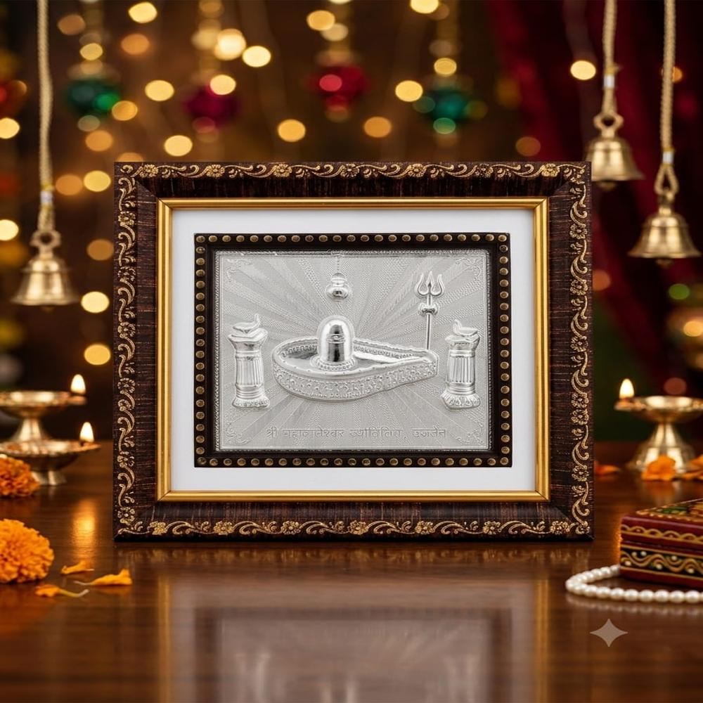 Silver Mahalakshmi Frame - 92.5% Sterling Silver with Wooden Frame, 7x7 Inches, Glossy Antique Finish, Gold Embellishments
