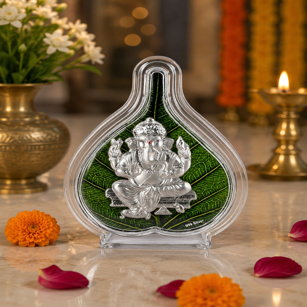 Silver Ganesh Green Pan Stand - 999 Silver, 10x8x2.5 cm, Acrylic Shield | Handcrafted, Corrosion Resistant, Stable Base