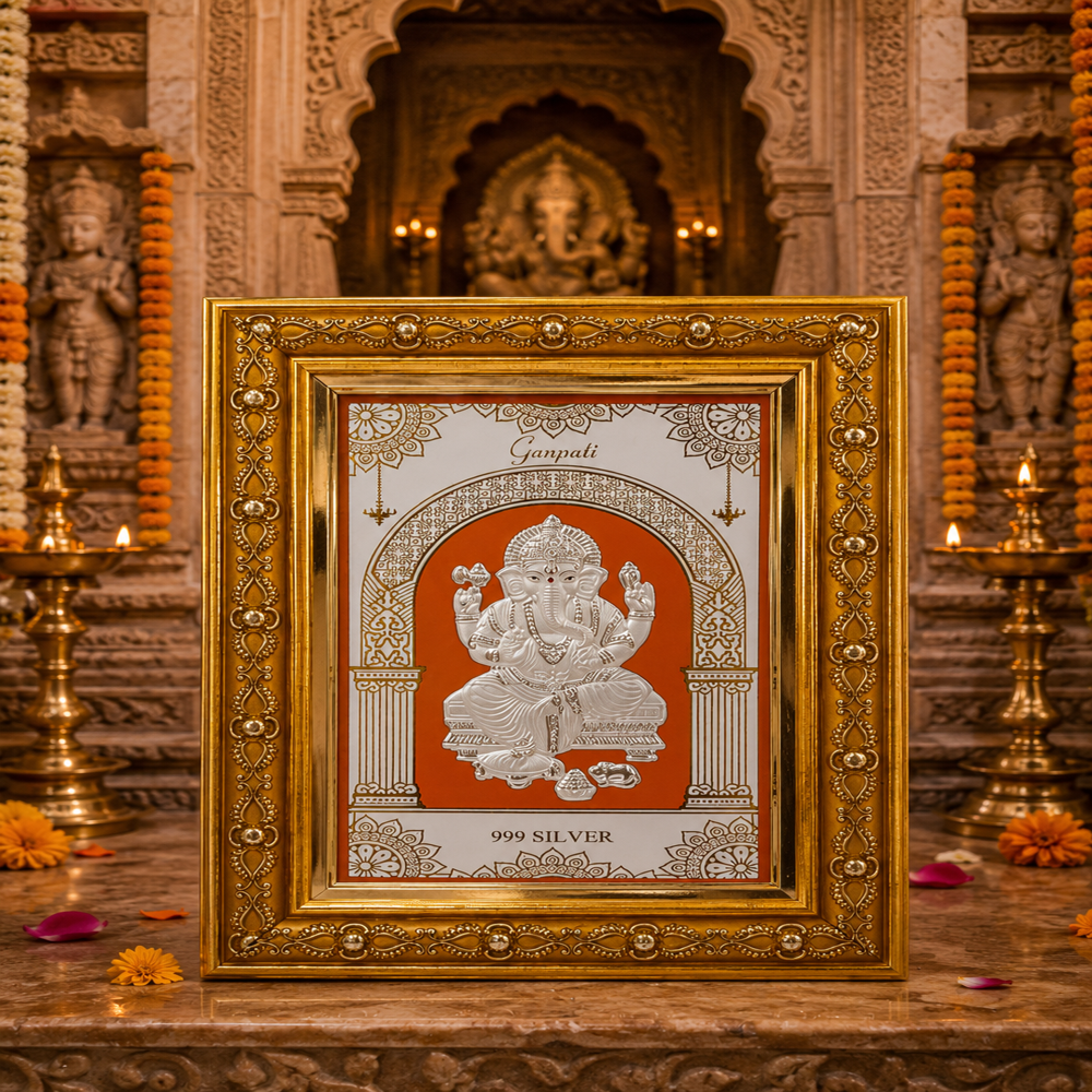 Silver Plated Ganesh Ji Photo Frame - 12x10 Inches, Gold Finish, Embossed Silver Relief, Tarnish-Resistant