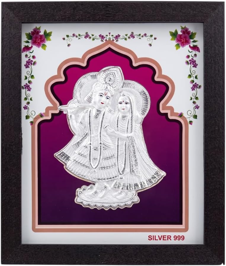 Silver Radhakrishna PhotoFrame for Home & Office - 999 Silver Alloy, 24x19x2 cm, Glossy Silver Finish with Floral Background, Glass Cover