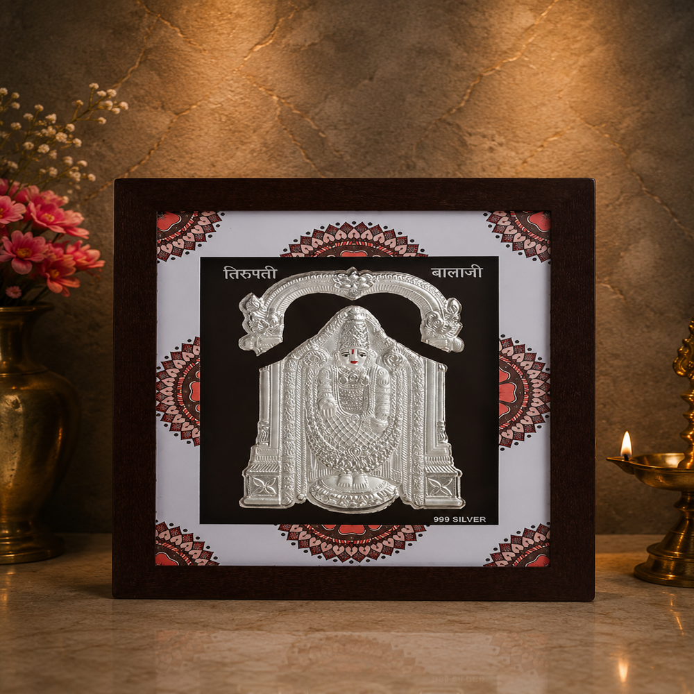 Auspicious Balaji Frame - 999 Silver & Wood, 22x18x3 cm, Glossy Silver Idol with Matt Brown Frame, Handcrafted Relief