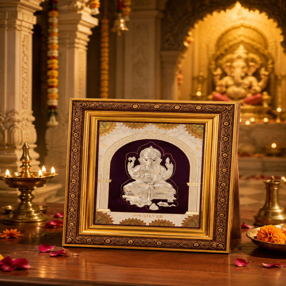 Silver Plated Mangalmurti Ganesh Ji Photo Frame - Silver Plated Metal with Wooden Frame, 22x22 cm, Tarnish Resistant | Glossy Silver Finish, Antique Ornate Border, Tabletop & Wall Mountable