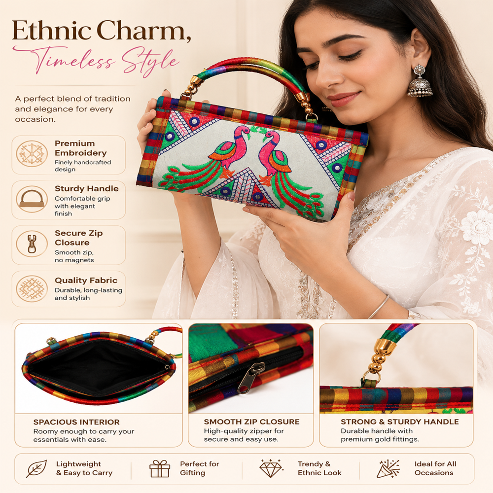 Handmade Kutchi Embroidery Clutch For Women - Color: White