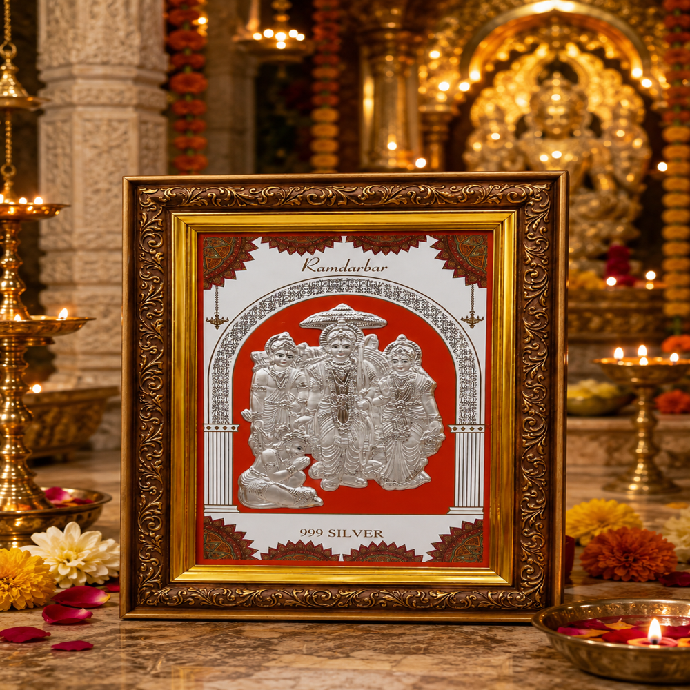 Silver Plated Ram Darbar Photo Frame - Wood with Metallic Finish, 12x9 Inches, 999 Silver Embossed Artwork, Anti-Tarnish Coating