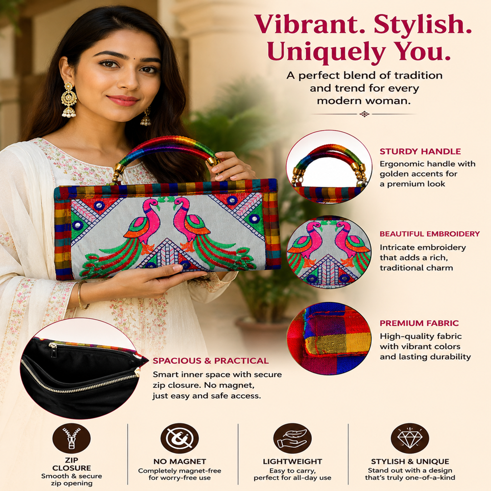 Peacock Embroidered Ethnic Clutch Bag For Wedding Function - Color: White