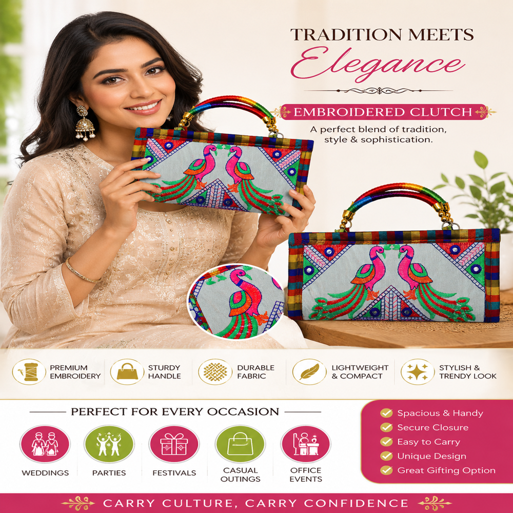 Peacock Embroidered Ethnic Clutch Bag for Wedding Function