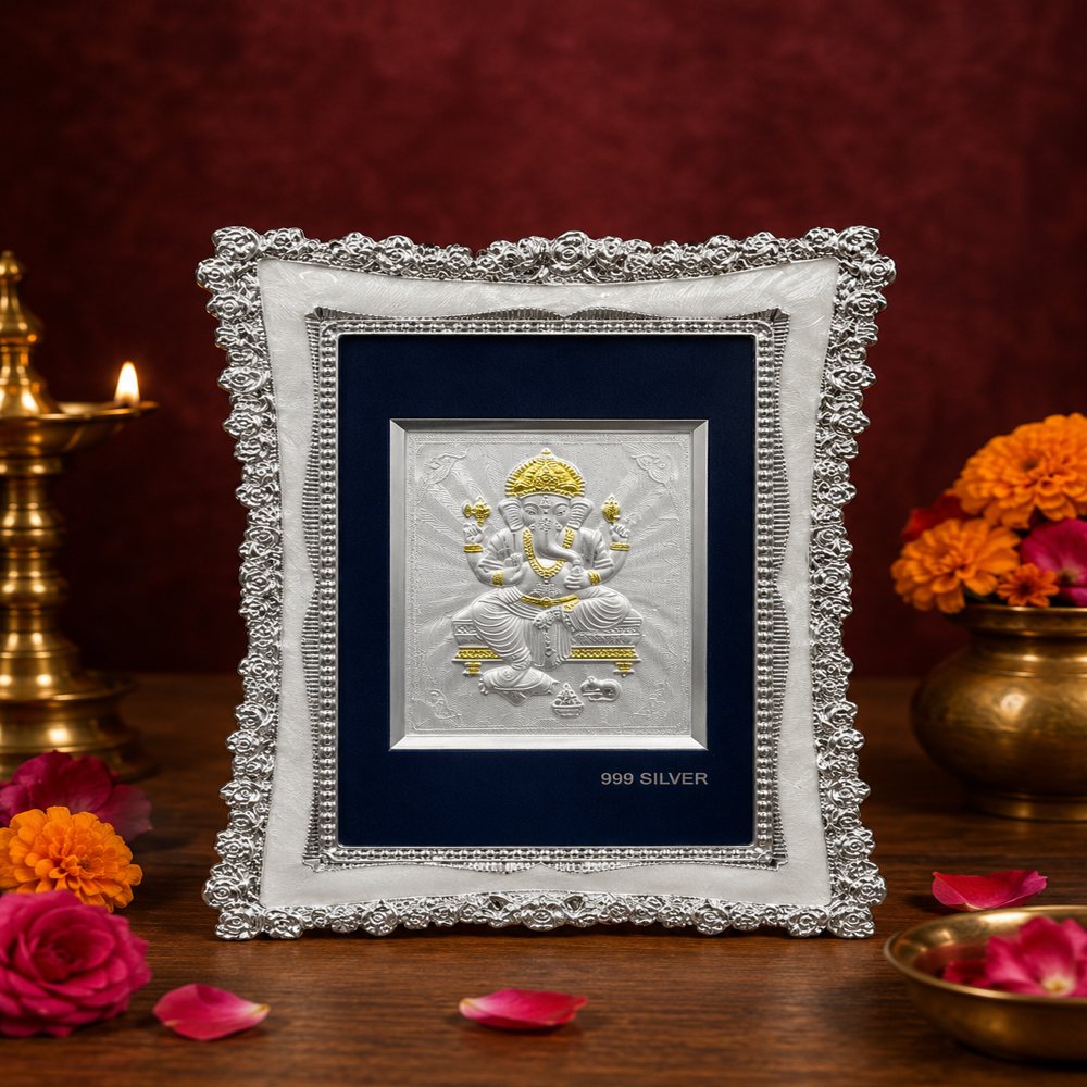 Shree Ganpati Silver Plated Photo Frame - 999 Silver Plating, 21x16.5cm, Silver With Gold Highlight, Ornate Floral Embossed Edge