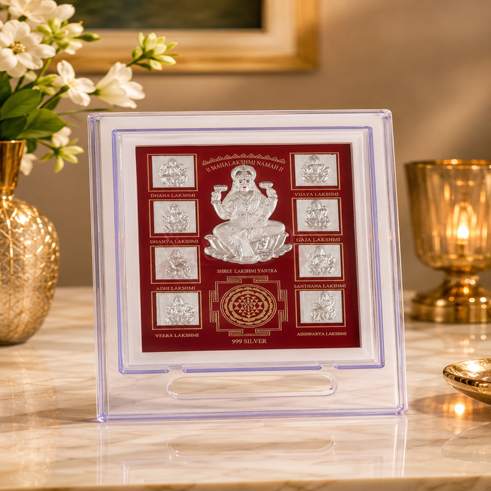 Silver Ashta Laxmi Stand - 999 Pure Silver, 18x14x2 cm, Glossy Finish | Eight Lakshmi Forms with Shree Yantra, Acrylic Frame, Anti-Tarnish Coating