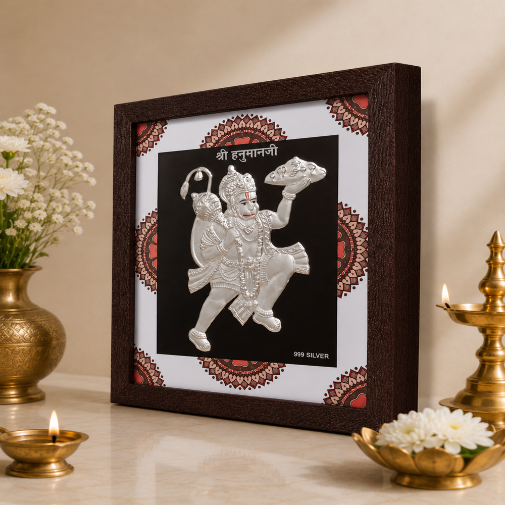 Auspicious Hanumanji Frame - 999 Silver Emblem, 9x8 Inch, Multi-color Background, Engineered Wood Frame | Tarnish-resistant, Break-resistant, Wall Or Table Display