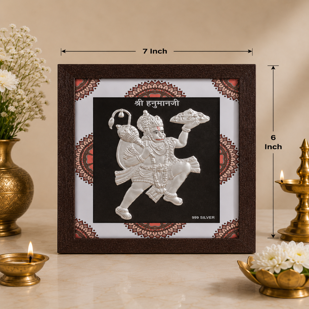 Auspicious Hanumanji Frame - 999 Silver Emblem, 9x8 Inch, Multi-color Background, Engineered Wood Frame | Tarnish-resistant, Break-resistant, Wall Or Table Display