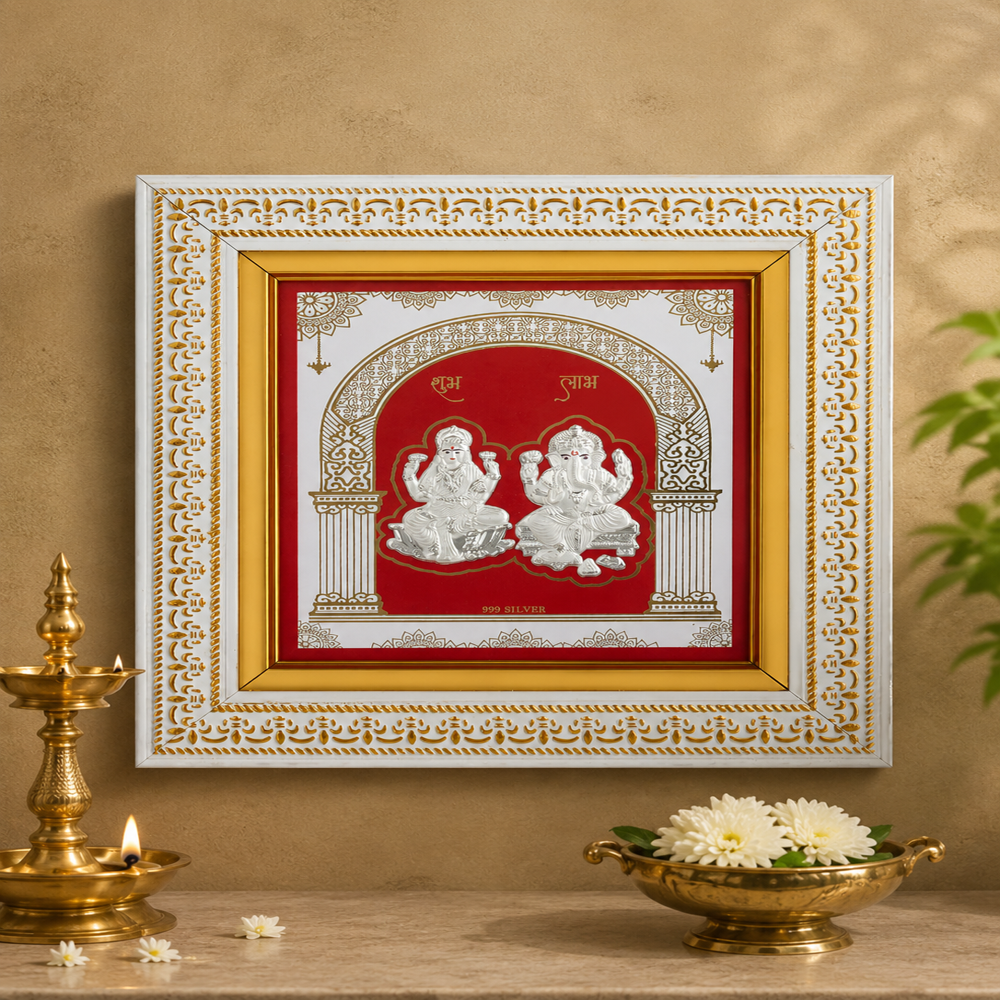 999 Pure Silver Laxmi Ganesh Frame - 30x30 cm Wooden Frame, Gold-White Detailing, Glossy Anti-Tarnish Finish