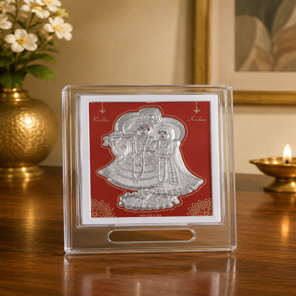 Silver Radhakrishna Stand - 999 Silver and Acrylic, 13x12x2 cm | Tarnish Resistant, Embossed Figurine with Red Backing