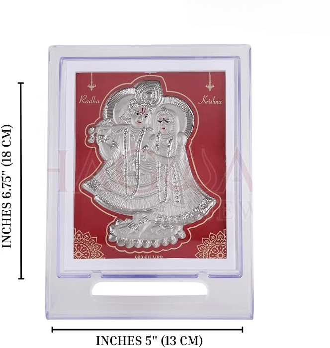 Silver Radhakrishna Stand - 999 Silver And Acrylic, 13x12x2 Cm | Tarnish Resistant, Embossed Figurine With Red Backing