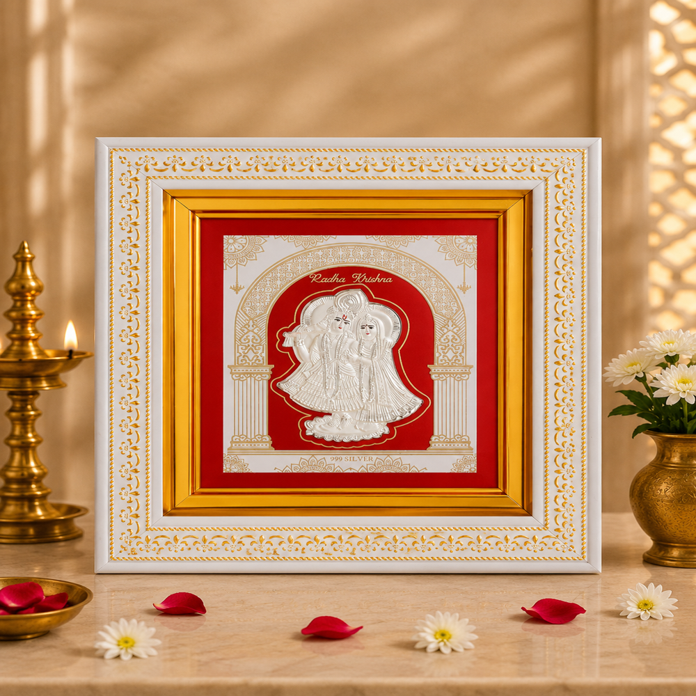 999Pure Silver Radhakrishna Frame - 999 Pure Silver, 22x22 cm, Gold & White Accented | Embossed Devotional Art, Glass Front, Wall or Tabletop Mount