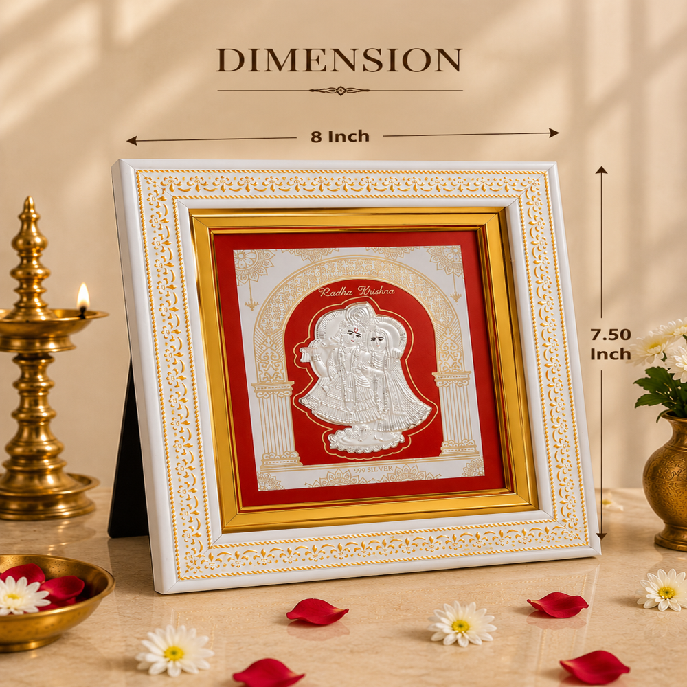 999pure Silver Radhakrishna Frame - 999 Pure Silver, 22x22 Cm, Gold & White Accented | Embossed Devotional Art, Glass Front, Wall Or Tabletop Mount