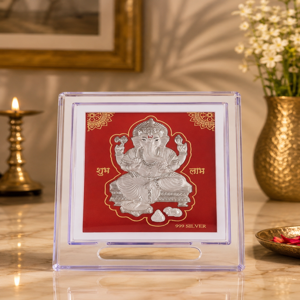 Silver Ganesh Stand - 999 Pure Silver, 10x10x2 Cm, Silver With Red Background | Embossed Ganesha With Floral Border, Acrylic Case, Gold Shubh Laabh Inscription