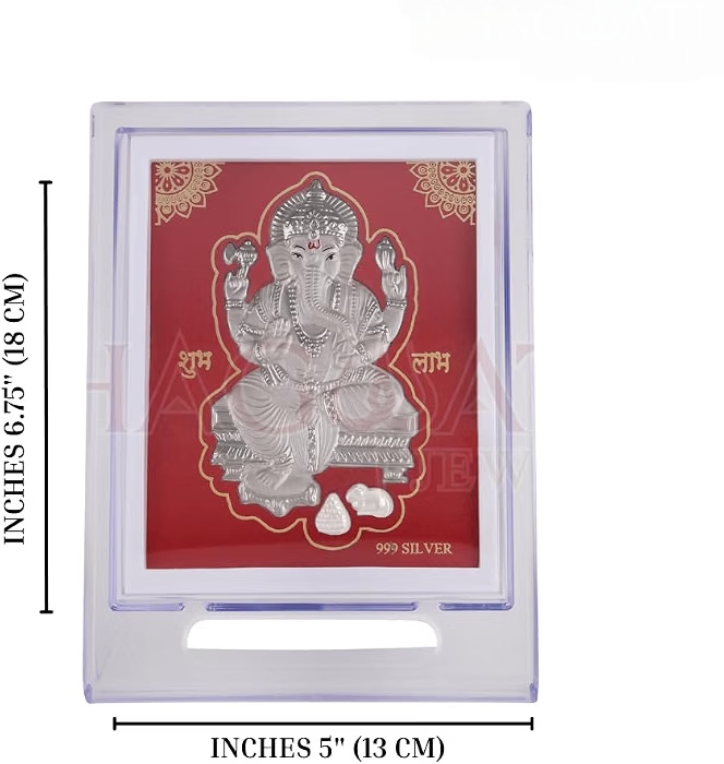 Silver Ganesh Stand - 999 Pure Silver, 10x10x2 Cm, Silver With Red Background | Embossed Ganesha With Floral Border, Acrylic Case, Gold Shubh Laabh Inscription