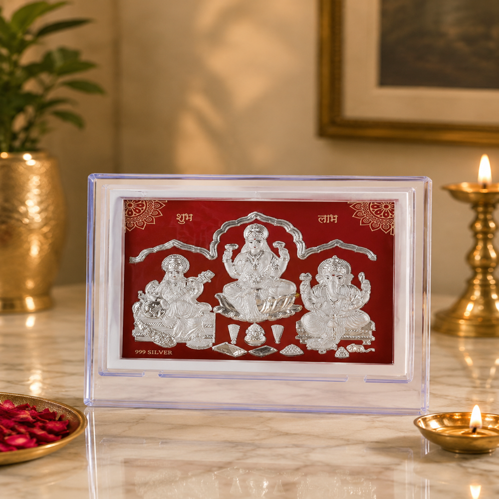Silver Laxmi Ganesh Sarswati Stand - 999 Silver, 15x12x2 cm, Acrylic Frame | Embossed Deities, Shubh-Labh Inscriptions, Handcrafted Finish