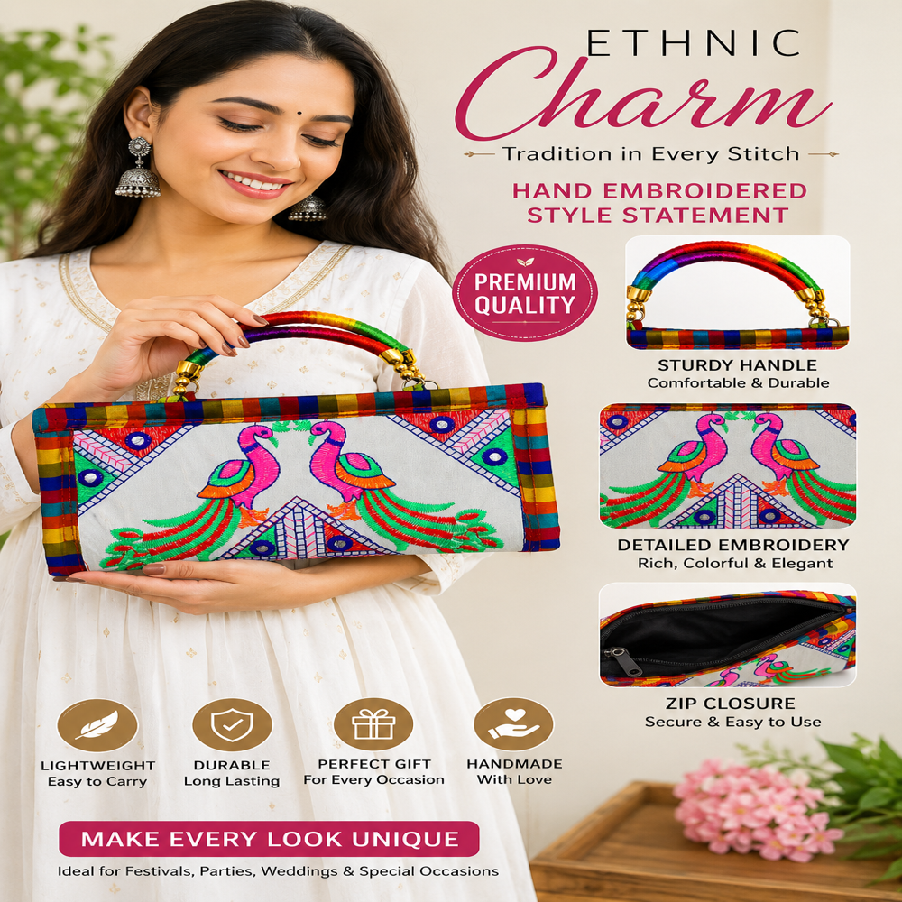 Premium Wedding Special Ethnic Clutch For Women - Color: White