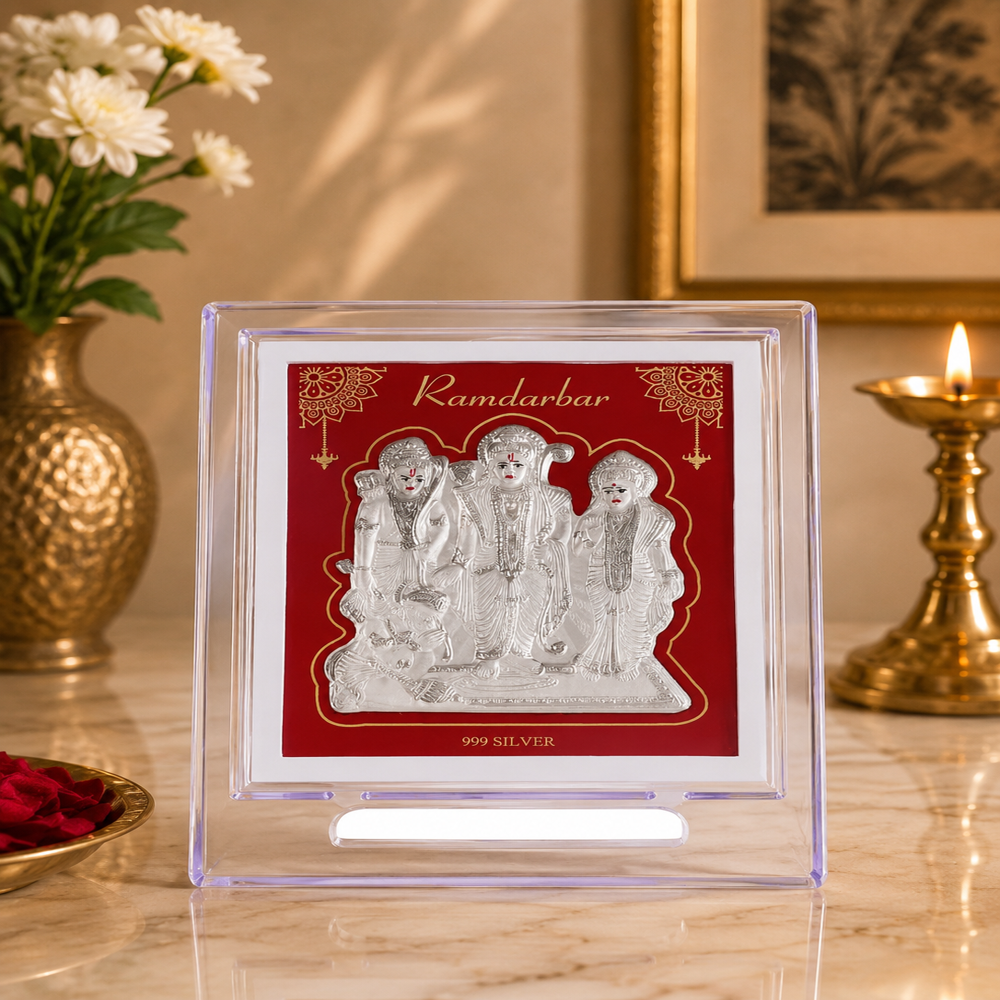 Silver Ramdarbar Stand - 999 Pure Silver 12x12x3 cm, Anti-Tarnish Acrylic Frame, Embossed Rectangular Design