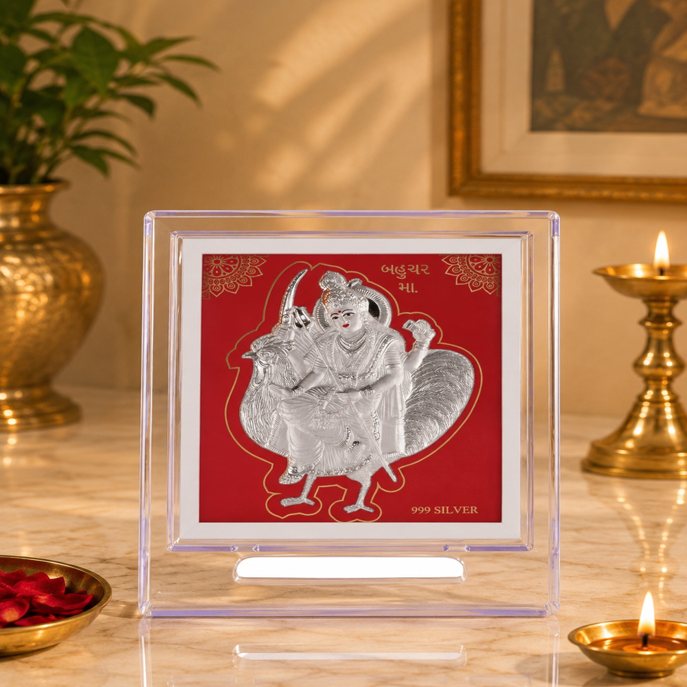 Silver Bahucharmaa Stand - 999 Silver, Medium 5x5 Inch, Silver & Red | Etched Goddess Figure, Acrylic Frame, Gift Boxed
