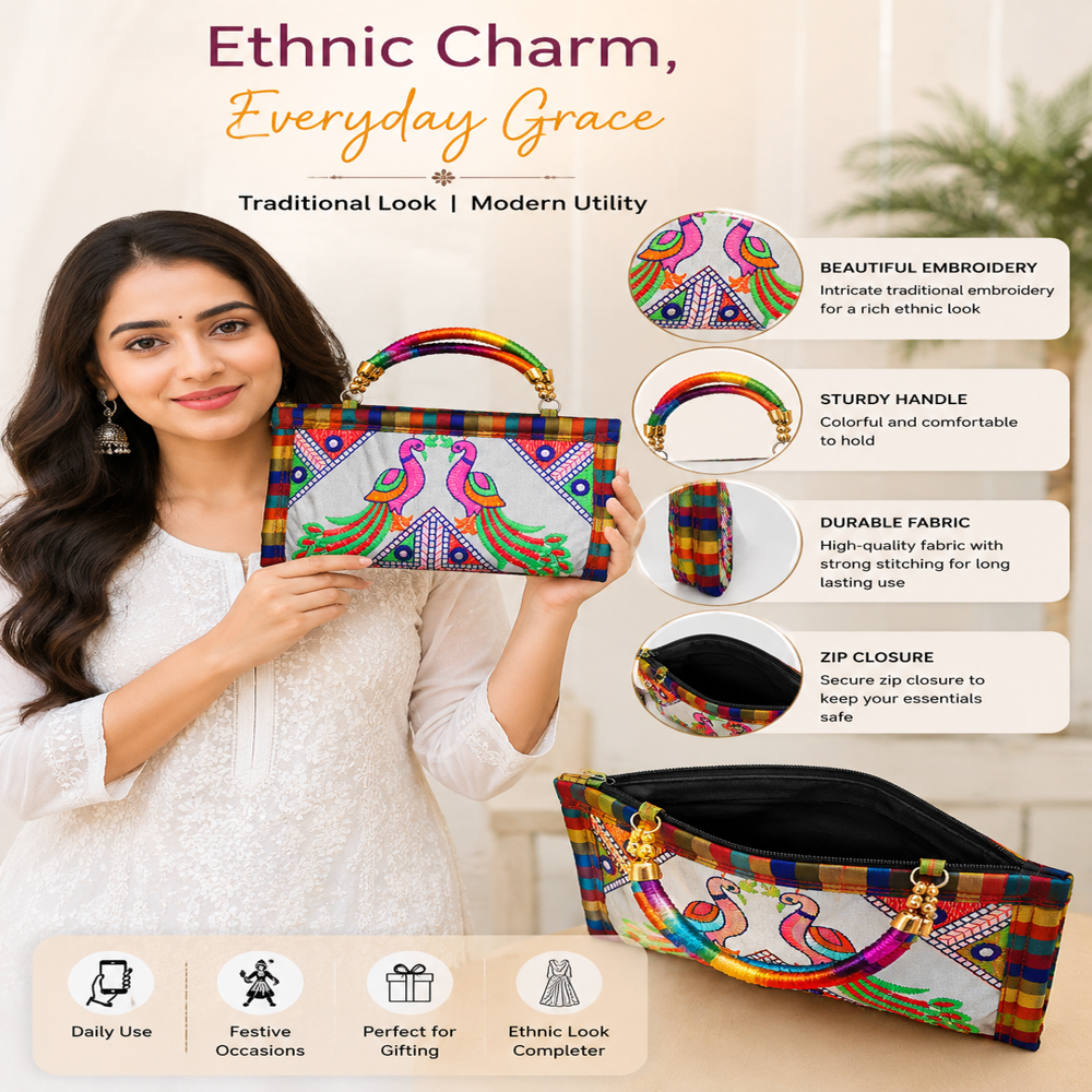 Traditional Peacock Embroidery Party Wear Handbag - Color: White