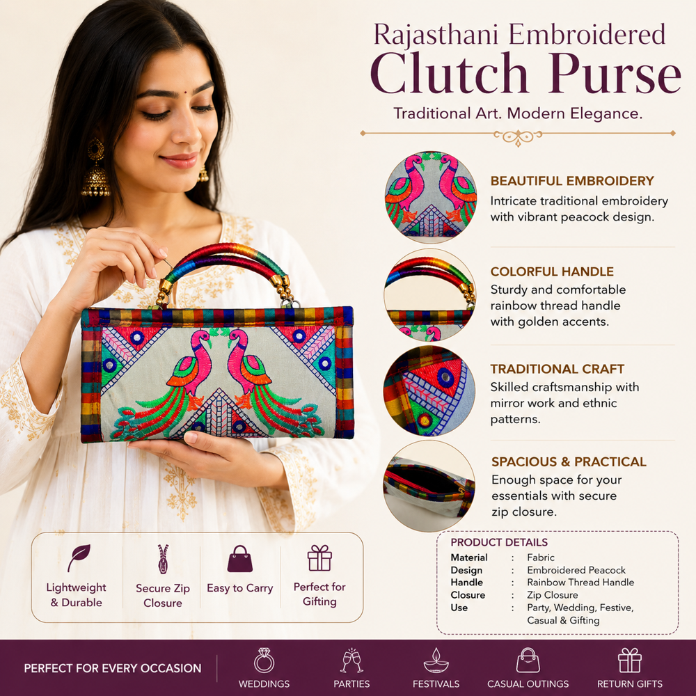 Traditional Peacock Embroidery Party Wear Handbag