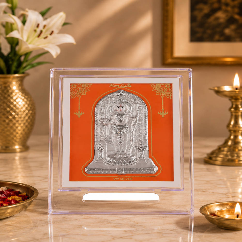 Silver Ramlalla Stand - 99.9% Fine Silver 15x15x3 cm, Clear Acrylic Frame | Polished Embossed Silverwork, Hand-Painted Details, Non-Tarnish Protection
