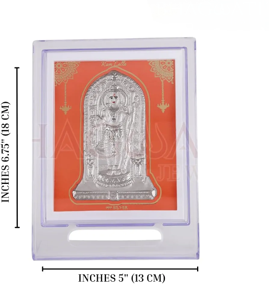 Silver Ramlalla Stand - 99.9% Fine Silver 15x15x3 Cm, Clear Acrylic Frame | Polished Embossed Silverwork, Hand-painted Details, Non-tarnish Protection