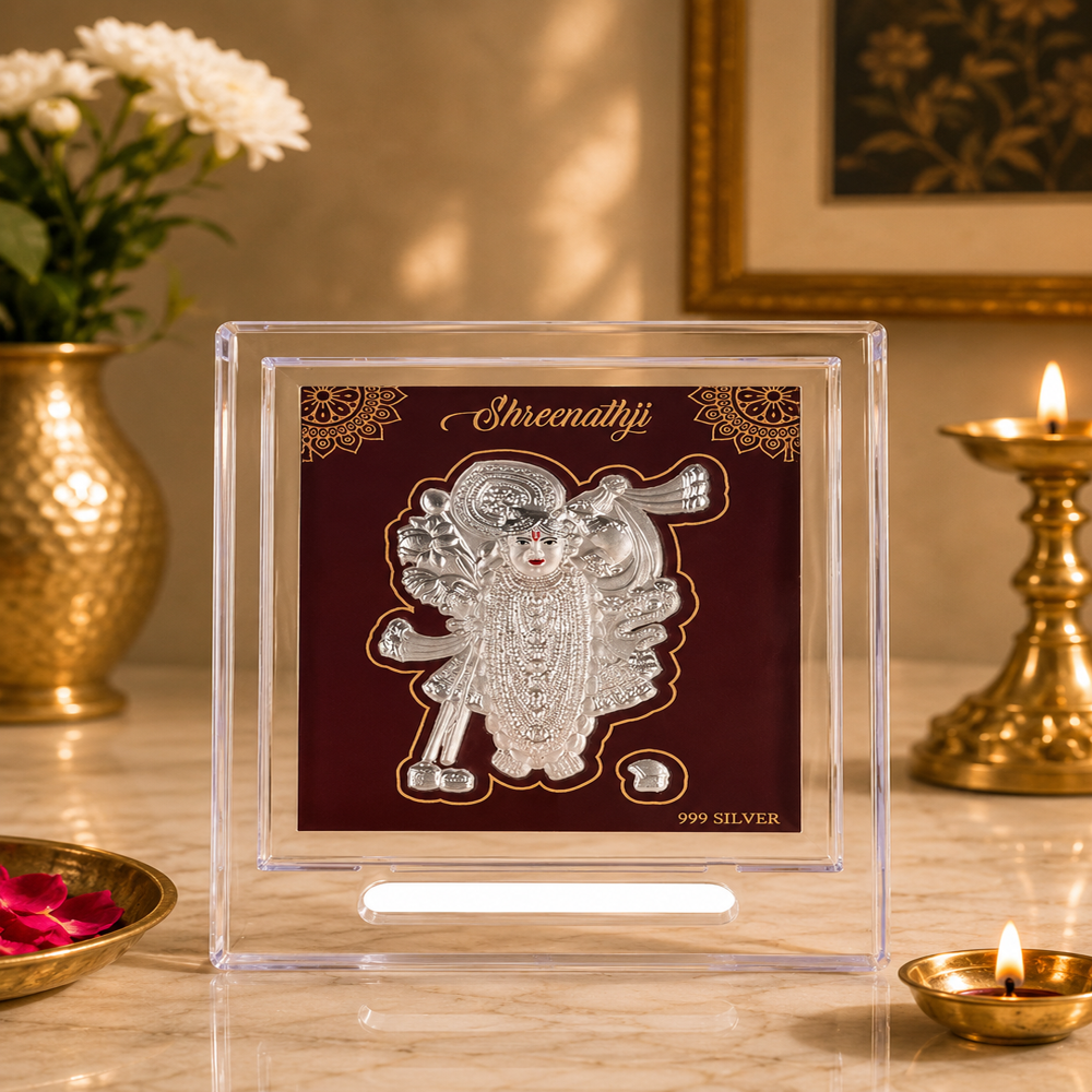Silver Shrinathji Stand - 999 Pure Silver, 12x12x3 cm, Glossy Finish | Handcrafted, Embossed, Acrylic Display Case