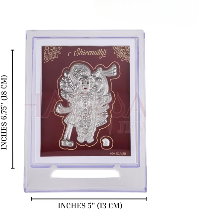 Silver Shrinathji Stand - 999 Pure Silver, 12x12x3 Cm, Glossy Finish | Handcrafted, Embossed, Acrylic Display Case