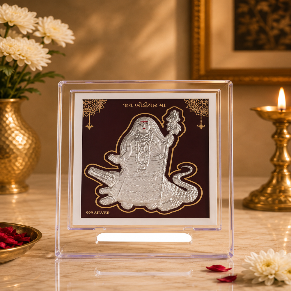 Silver Khodiyarmaa Stand - 999 Pure Silver, Custom Size, Silver with Accent Highlights | Hand-Finished Khodiyar Maa Motif, Acrylic Display Case