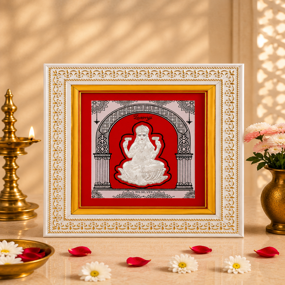 999 Pure Silver Laxmiji Frame - 10x8x2 cm, Tarnish-Resistant Silver with Gold Accents | Embossed Ethnic Motifs, Personalization Available
