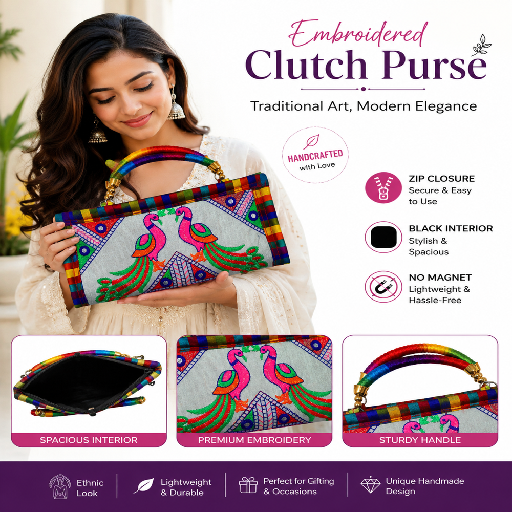 Ethnic Designer Wallet Clutch With Handle - Color: White