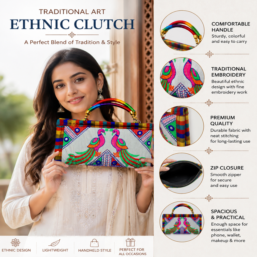 Premium Gujarati Handcrafted Clutch Bag - Color: Wite