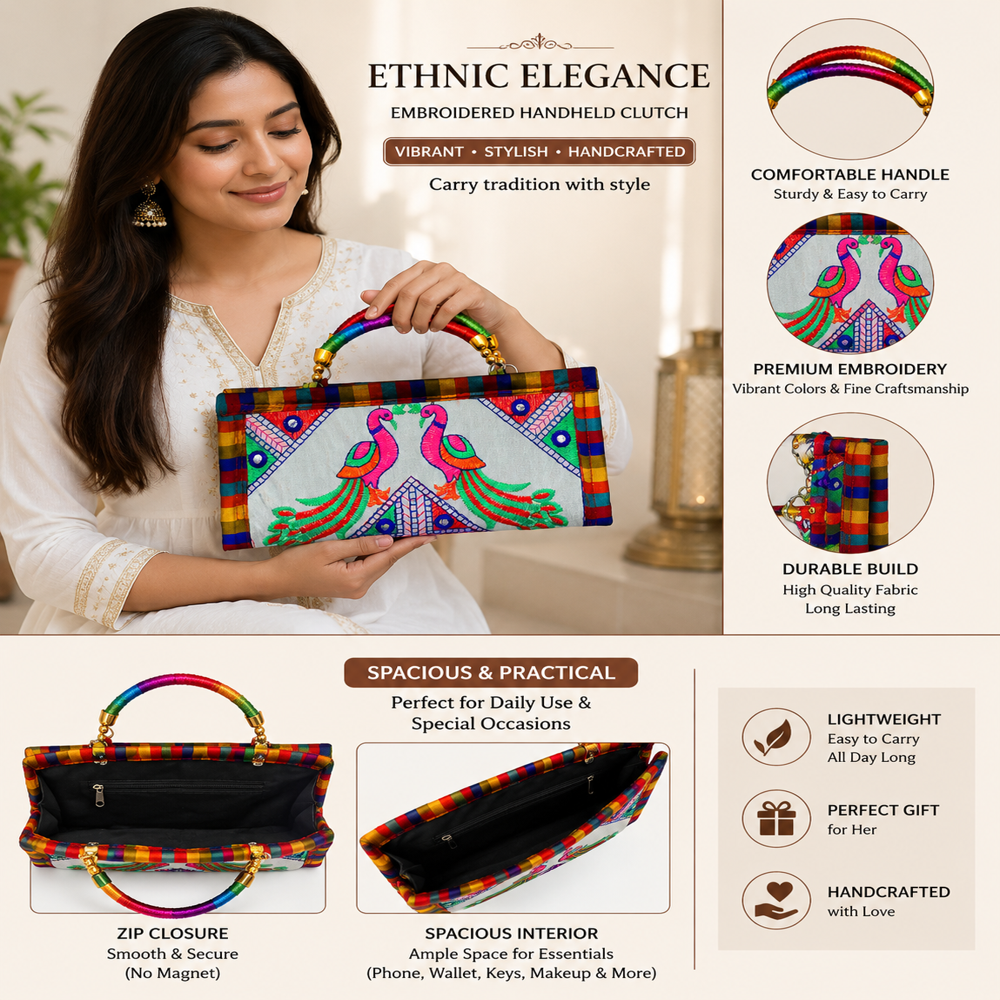 Traditional Fabric Wallet With Peacock Design - Color: White