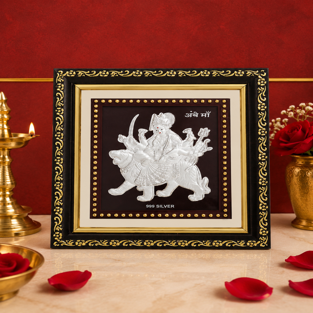 999 Pure Silver Durgamaa Frame - 8x8 Inch Wood MDF Frame, Gold Black Ornamental | High Precision Embossed Silver Art, Tabletop Wall Mount