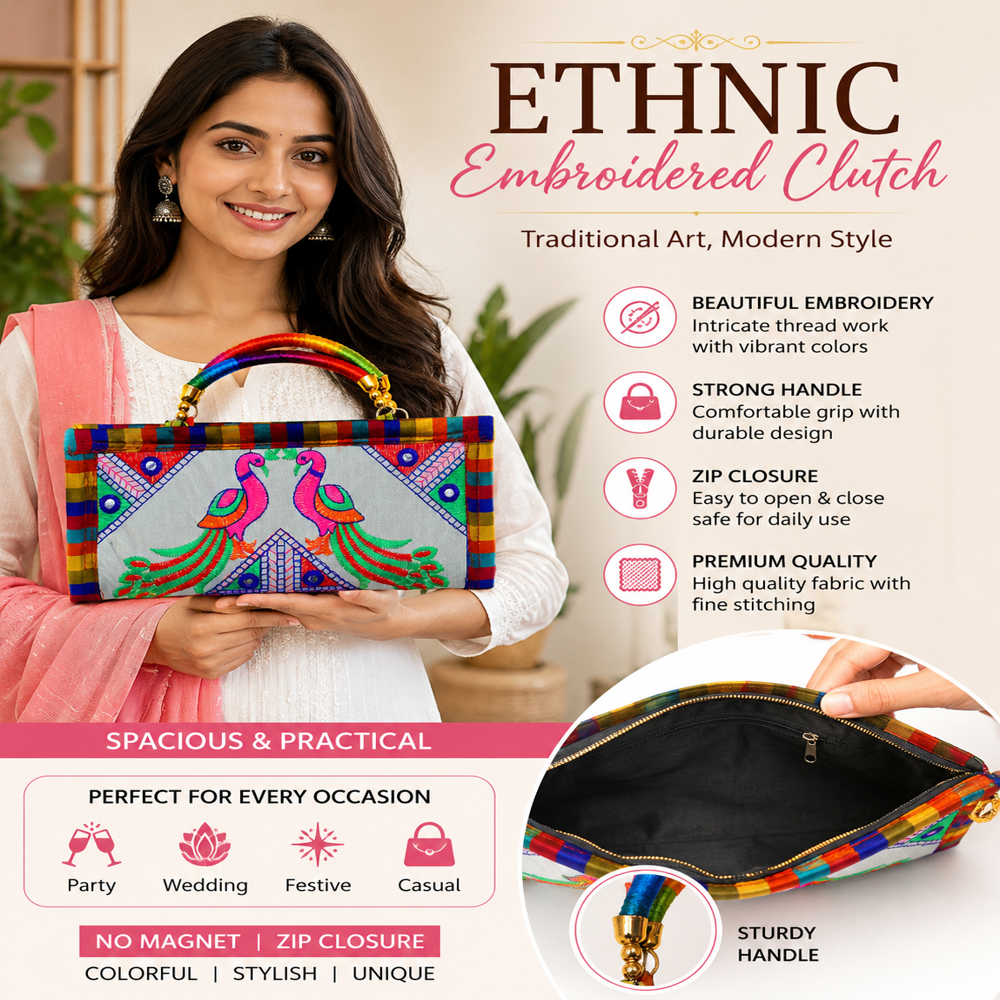 Designer Peacock Pattern Clutch Wallet - Color: White