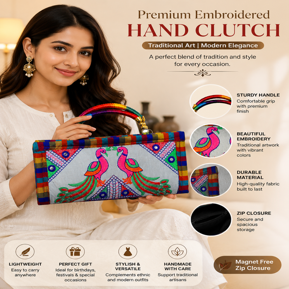 Traditional Indian Embroidery Purse With Handle - Color: White