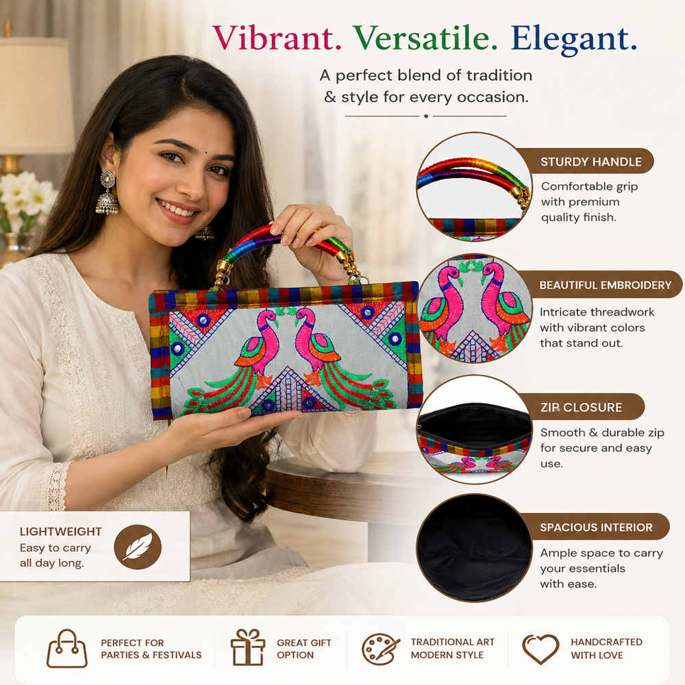 Handmade Gujarati Embroidery Purse For Ladies - Color: White