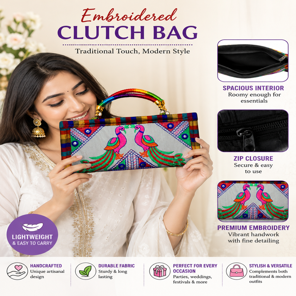 Traditional Multicolor Fabric Handbag - Color: White