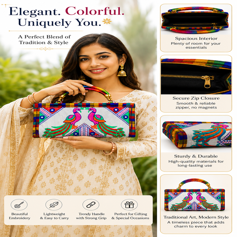 Premium Kutchi Art Wallet Clutch 127 - Color: White