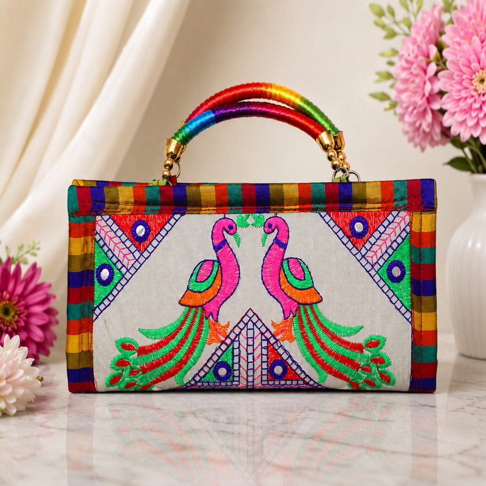 Peacock Motif Designer Handbag For Women - Color: White