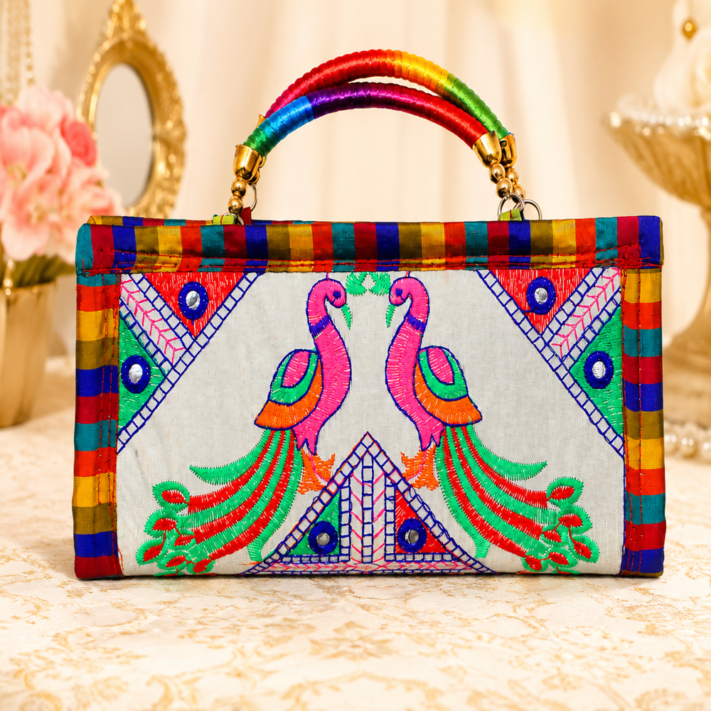 Ethnic Multicolor Purse With Peacock Design - Color: White