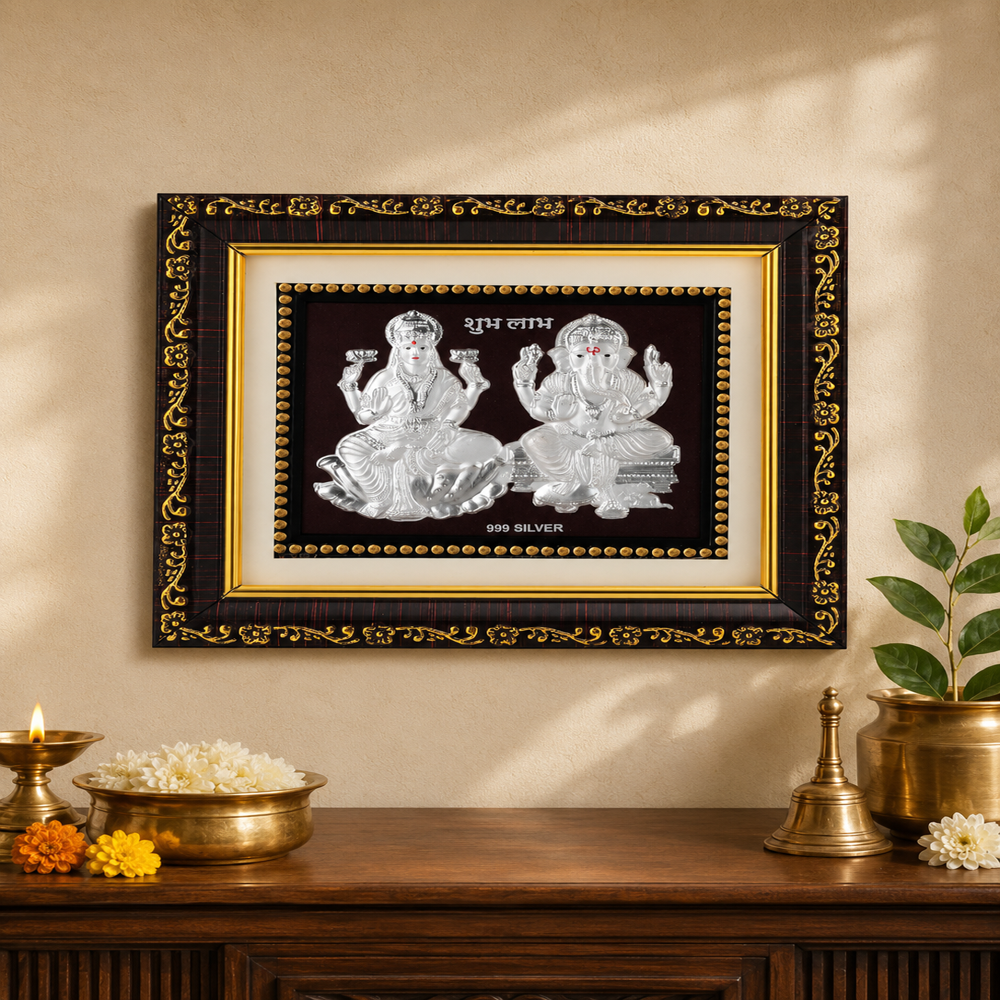 999Pure Silver Laxmi Ganesh Photo Frame - 20x17x2 cm, Designer Wooden Frame, Embossed Silver Art with Golden Floral Border