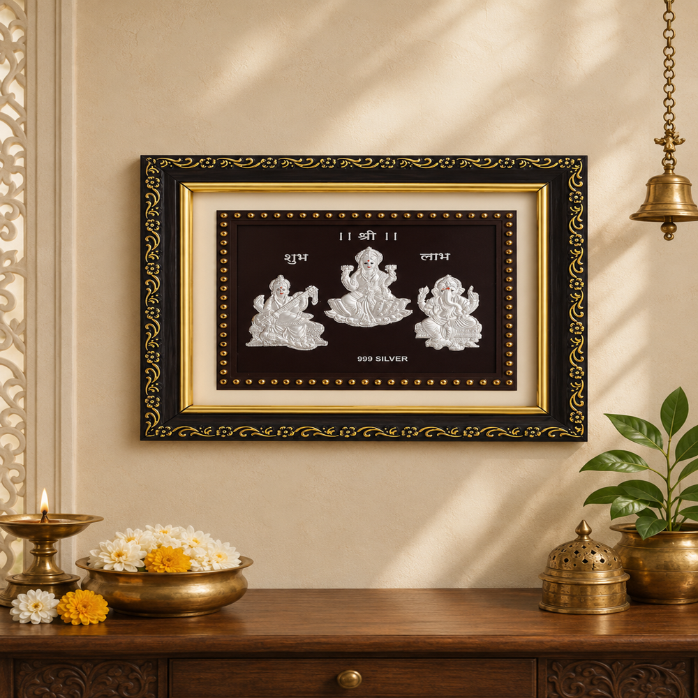 999Pure Silver Laxmi Ganesh Saraswati Photo Frame - 999 Silver With Glossy Matte Wood Frame, Hand-Embossed Design