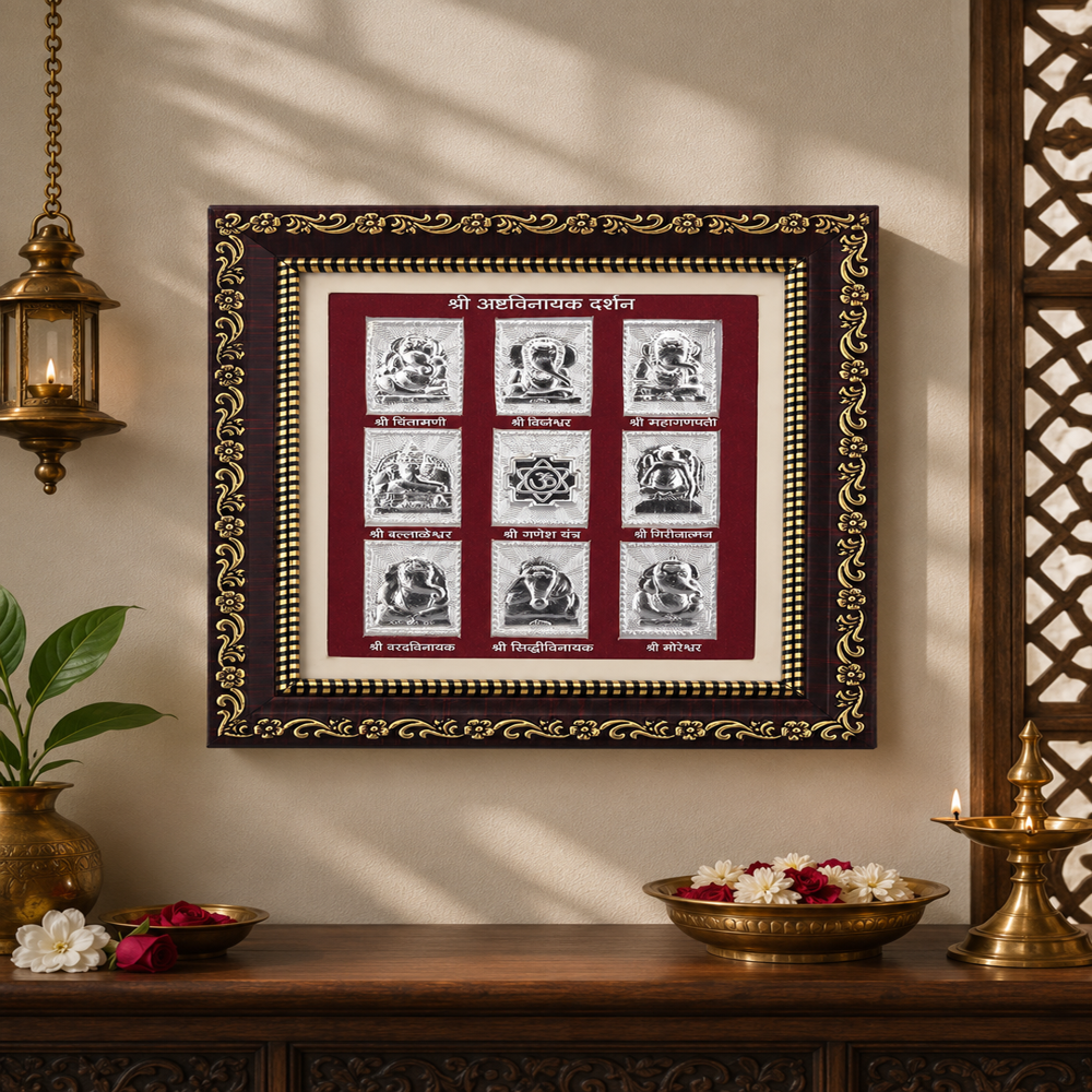 999Pure Silver Ashta Ganesh Photo Frame - 999 Fine Silver, 12x12 Inches, Maroon Gold Wooden Frame | Embossed Eight Ganesh Idols, Glossy Finish, Glass Protected
