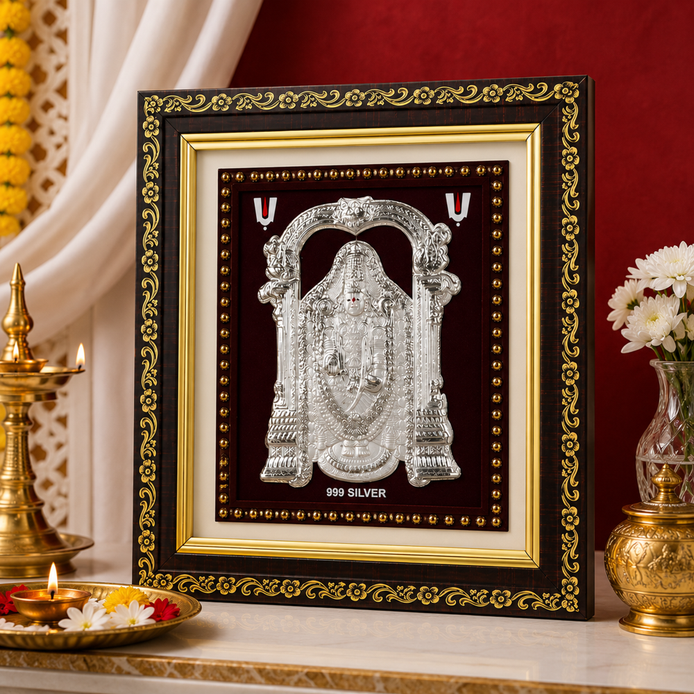 999 Pure Silver Balaji Photo Frame - 999 Silver, 12x10 inches, Gold-Edged Wood, Maroon Velvet Inlay, Embossed Design